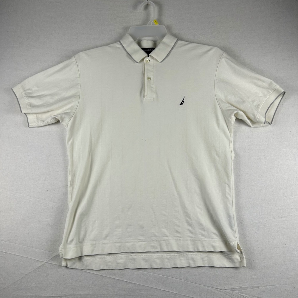 Nautica Mens M Cream White Herringbone Stripe Cotton Polo Shirt Short Sleeve